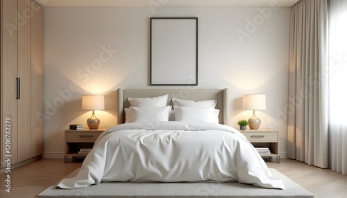 Modern Minimalist Bedroom Interior Design with Beige Walls White Bedding and Wooden Accents