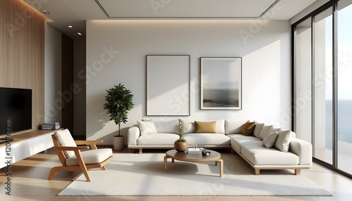 Modern Coastal Living Room Interior Design White Sofa Ocean View Wooden Accents