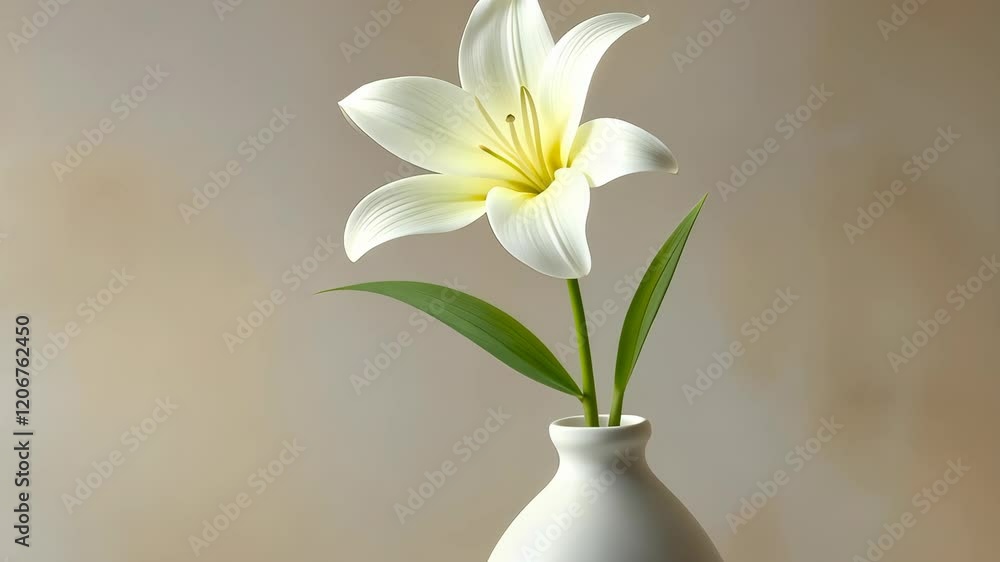 Elegant white lily in a simple vase placed on a soft background for a fresh and calming atmosphere Elegant white lily in a simple vase placed on a soft background for a fresh and calming atmosphere
