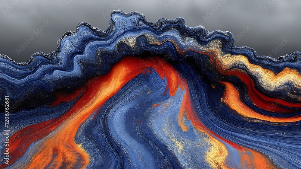 Abstract Blue Gold Orange Wave Painting Art