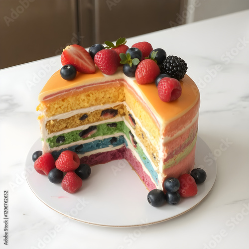 Un muy lindo y pequeño pastel de mil colores, con fresas arriba photo