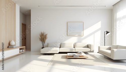 Modern Minimalist Living Room Interior Design White Sofa Wooden Accents Sunlight