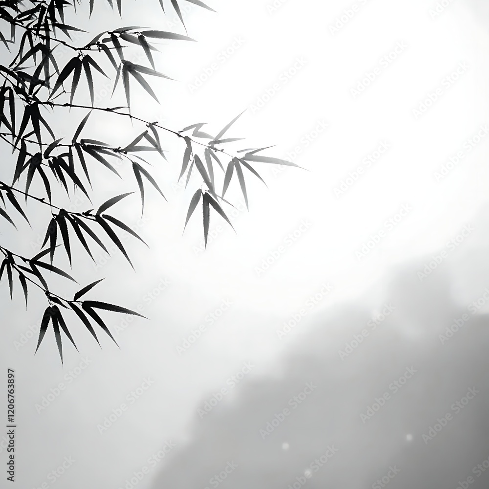Obraz premium Bamboo Branches Against A Misty Mountain Background