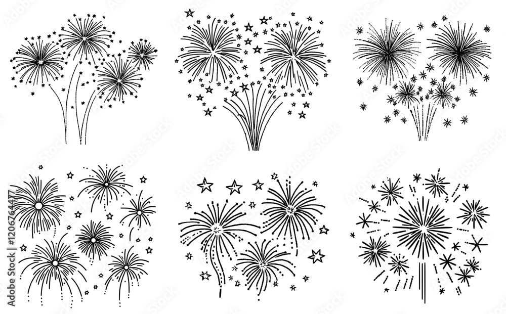 Six sets of black and white firework bursts with stars. Six sets of black and white firework bursts with stars.