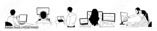 Business people are sitting at a desk with computers rear view. The people are all different ages and genders. Scene is one of productivity and collaboration. Vector hand drawn sketch illustration