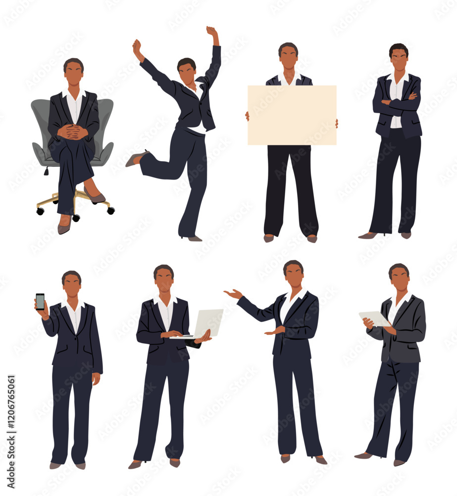 Sey of black business woman chatacter in different poses, standing, sittin, jumping with laptop, blank banner, mobile phone. Flat vectot illustration isolated Sey of black business woman chatacter in different poses, standing, sittin, jumping with laptop, blank banner, mobile phone. Flat vectot illustration isolated