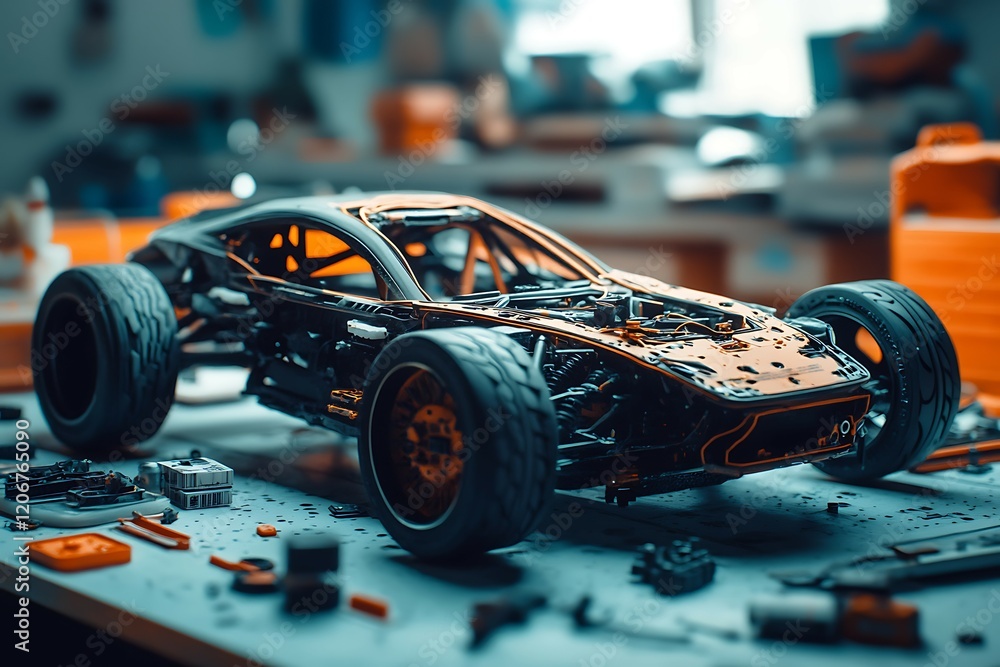 Closeup shot of a model of a racing car in a workshop Closeup shot of a model of a racing car in a workshop