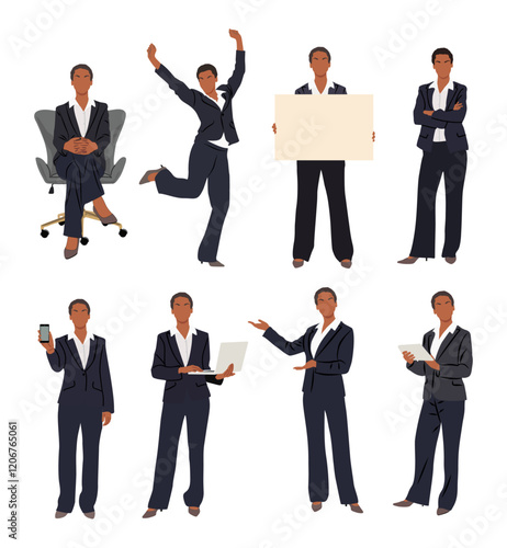 Sey of black business woman chatacter in different poses, standing, sittin, jumping with laptop, blank banner, mobile phone. Flat vectot illustration isolated