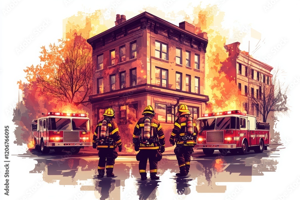 Obraz premium Firefighters respond to a building engulfed in flames, showcasing bravery and teamwork amid an emergency situation.