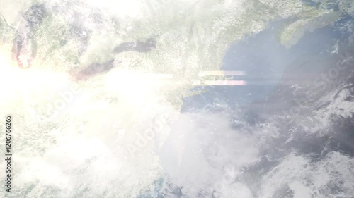 Earth zoom in from space and focus on New Brunswick, New Jersey, USA. Background for travel blog or intro. Satellite view. 3D style animation. Images from NASA.
