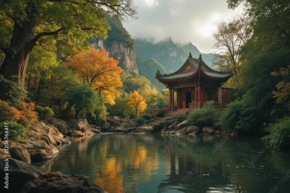Serene Autumn Temple by Mountain Lake Reflection Serene Autumn Temple by Mountain Lake Reflection
