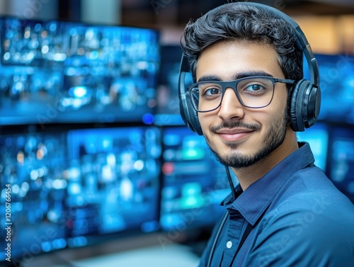 Enthusiastic support agent offering guidance, headset on, multiple monitors with diagnostic tools, modern tech office, copy space for exceptional technical support service photo