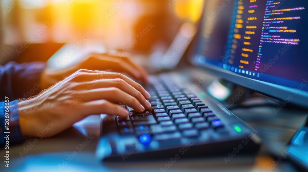 Eager tech support specialist typing rapidly on keyboard, solving a problem with confidence, bright office setting with tech gadgets, copy space for IT troubleshooting success Eager tech support specialist typing rapidly on keyboard, solving a problem with confidence, bright office setting with tech gadgets, copy space for IT troubleshooting success