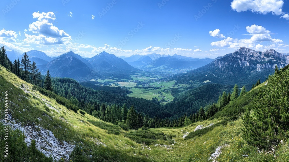 Obraz premium A panoramic view of lush green valleys and mountains under a clear blue sky.