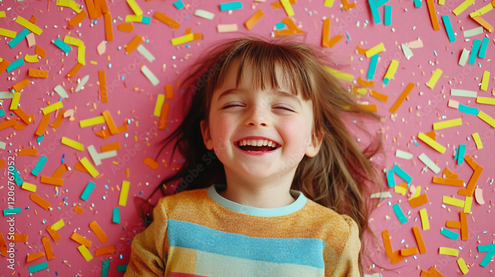 Fototapeta premium Joyful child lying on colorful confetti, smiling blissfully in a playful environment