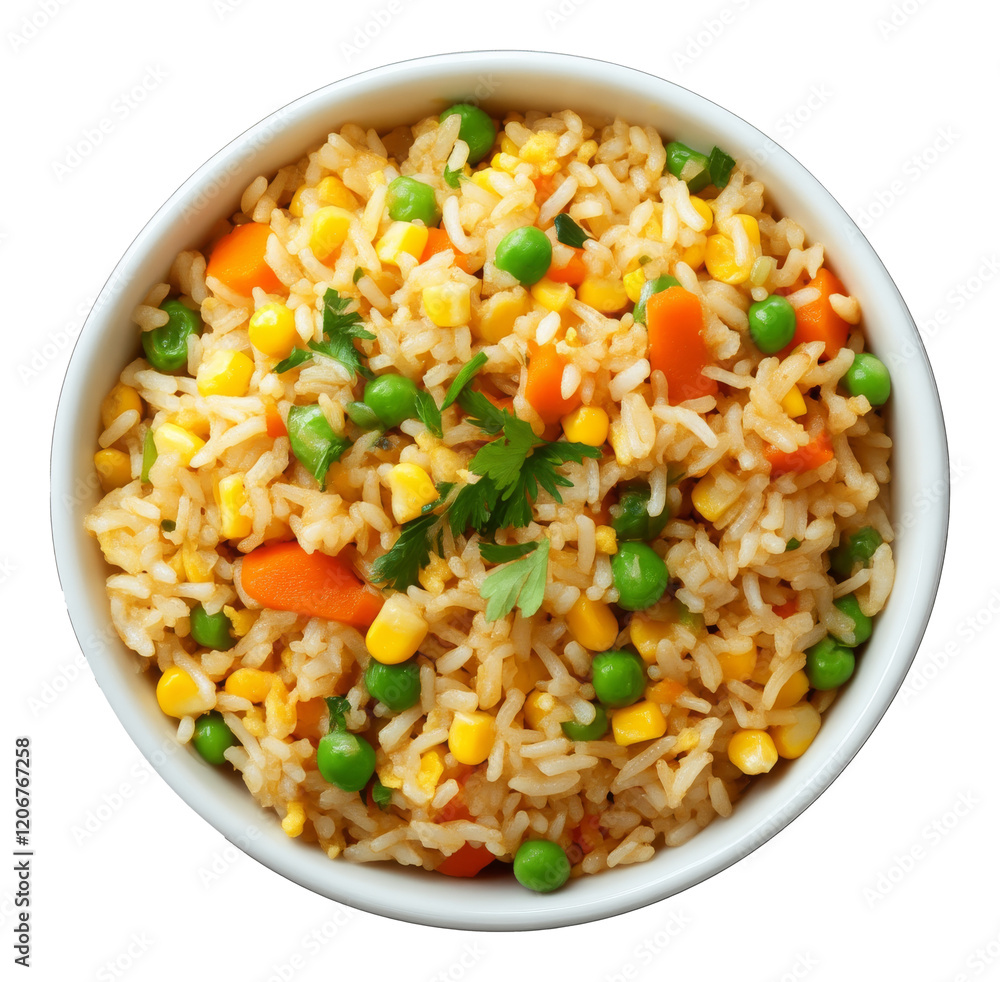 Vegetable fried rice bowl with colorful ingredients, top view. Healthy food and nutrition concept Vegetable fried rice bowl with colorful ingredients, top view. Healthy food and nutrition concept