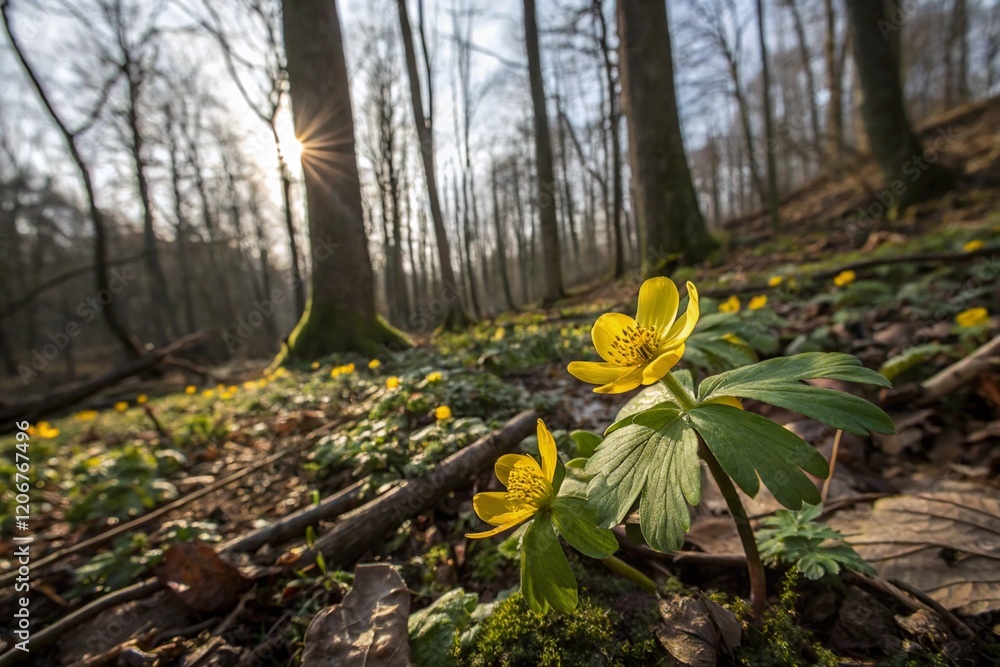Fototapeta premium yellow winter aconite flower in beautiful forest with sunlight