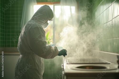 Healthcare worker enforces hygiene in kitchen to prevent infectious enterocolitis photo