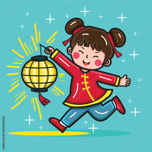 A Happy girl running while bringing a yellow Chinese lantern to celebrate Chinese new year