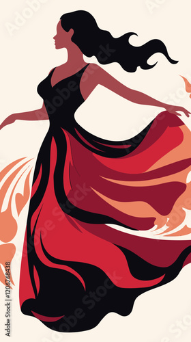 Elegant Flamenco Dancer with Flowing Red Dress in Minimalist Vector Style for Dance Studio Promotion