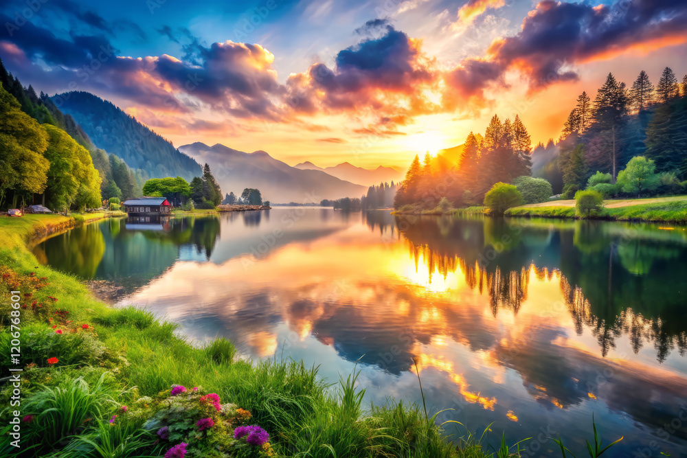 Breathtaking sunset over tranquil lake, reflecting mountains and trees Breathtaking sunset over tranquil lake, reflecting mountains and trees