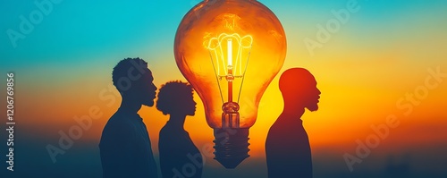 Silhouettes of three individuals inside a large glowing light bulb, blue and yellow splitcolor backdrop, vibrant design, emphasizing collaboration and innovation, ultrarealistic photo