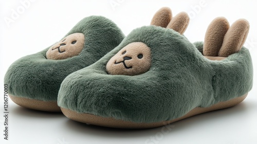 Cute plush bunny slippers in a soft green color, set against a minimalistic white background