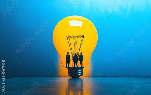 Silhouettes of three people inside a giant light bulb, vivid blue and yellow splitcolor backdrop, symbolizing creative teamwork, modern design, vibrant and dynamic lighting photo