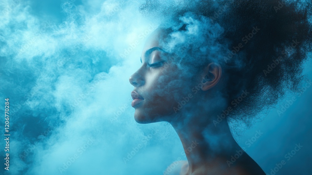 Ethereal portrait of a woman surrounded by blue smoke, creating a mystical atmosphere Ethereal portrait of a woman surrounded by blue smoke, creating a mystical atmosphere