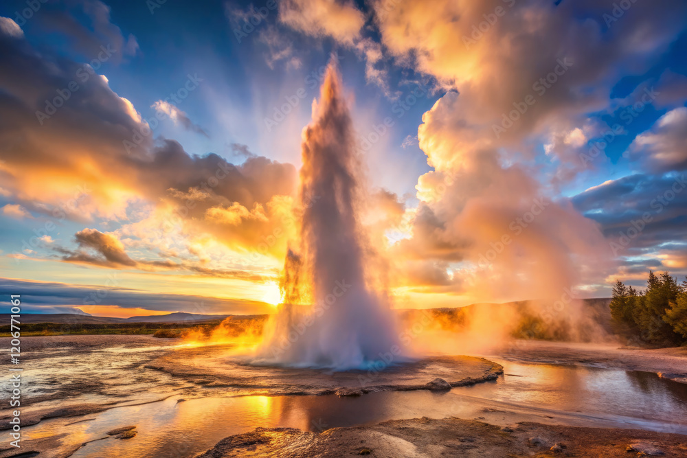 Obraz premium Majestic geyser eruption at sunset, creating dreamy landscape