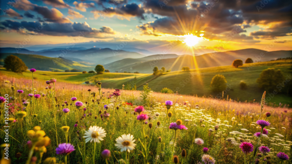 Fototapeta premium Breathtaking sunset over vibrant meadow filled with colorful flowers