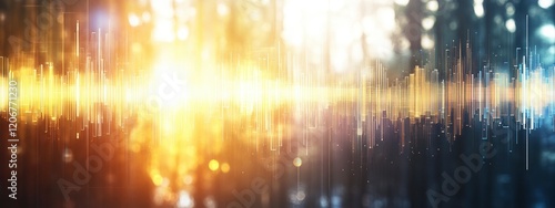 Abstract sound wave visualization with a vibrant sunset and blurred forest background  representing audio and nature harmoniously