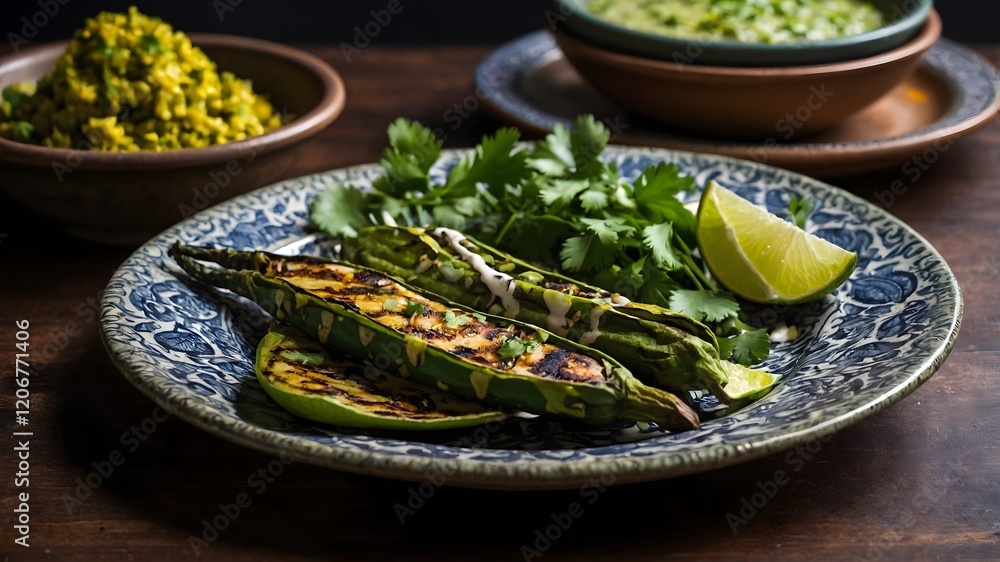 Grilled Nopales Garnished with Cilantro and Lime, Paired with Classic Mexican Dishes Grilled Nopales Garnished with Cilantro and Lime, Paired with Classic Mexican Dishes