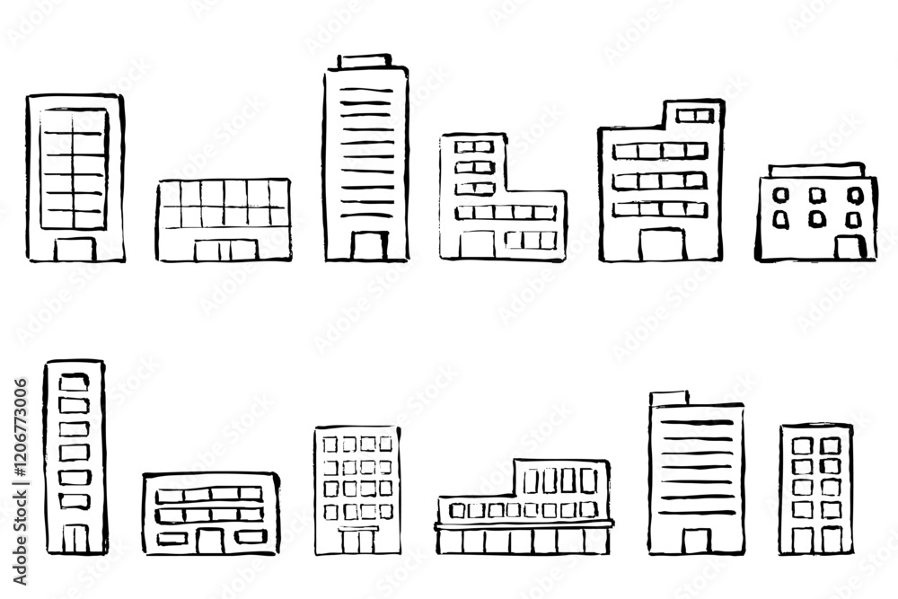 筆タッチの手描きの建物のイラストセット 筆タッチの手描きの建物のイラストセット
