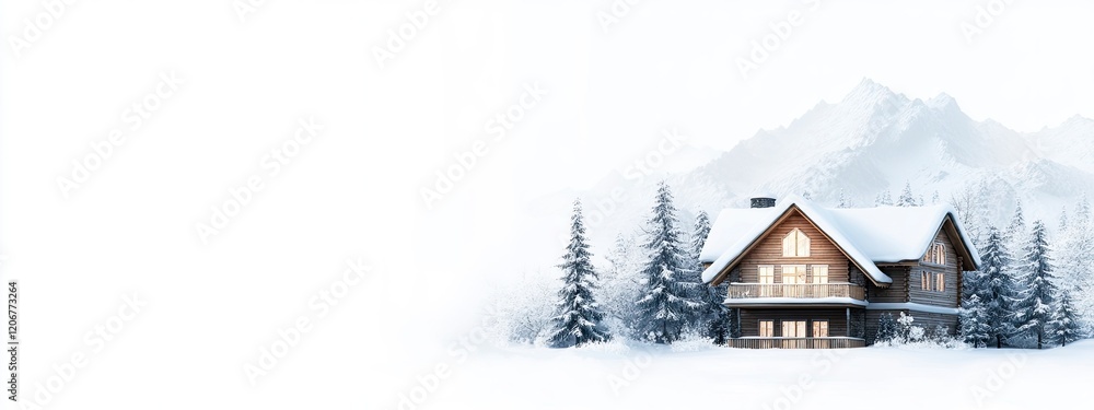 Fototapeta premium A cozy mountain cabin surrounded by snow-covered trees and majestic mountains under a clear winter sky