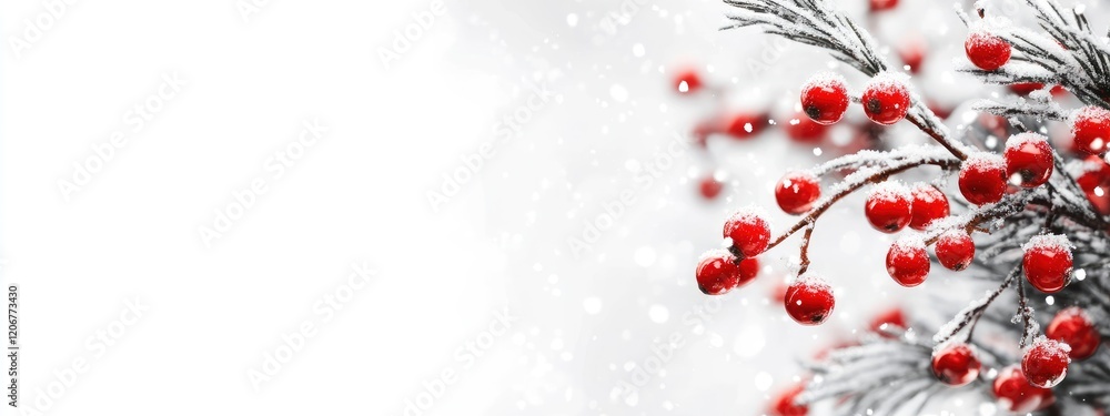 Delicate winter scene with red berries and snow-covered evergreen branches creating a serene and festive atmosphere. Delicate winter scene with red berries and snow-covered evergreen branches creating a serene and festive atmosphere.