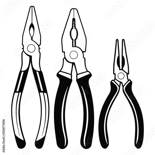 Pliers Set in Black and White Technical Drawing Style for Mechanic's and Industrial Design