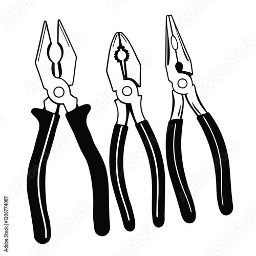 Pliers Set in Black and White Technical Drawing Style for Mechanic's and Industrial Design