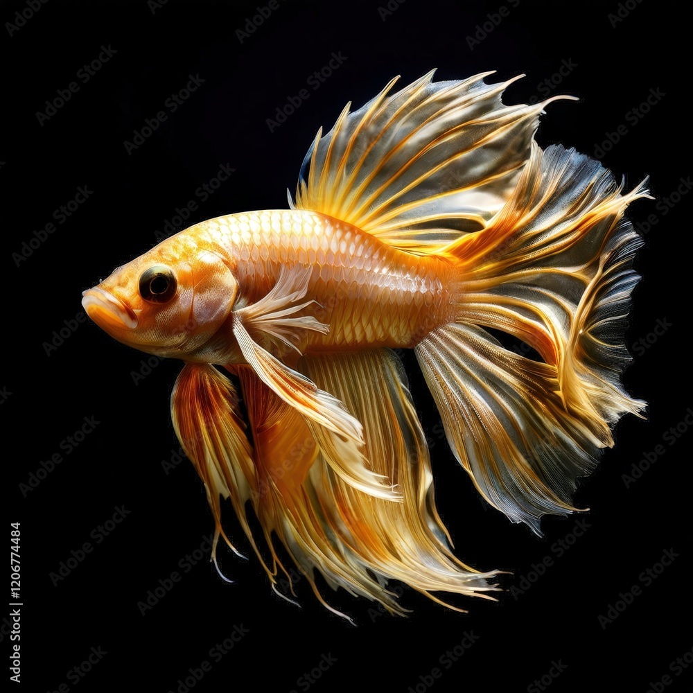 Fototapeta premium the AI Image Generator, Elegant Golden Fish With Flowing Fins on Black Background