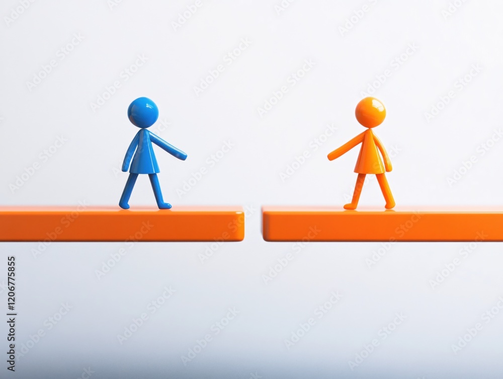 Blue and Orange Figures Bridging a Gap Minimalist Concept Blue and Orange Figures Bridging a Gap Minimalist Concept