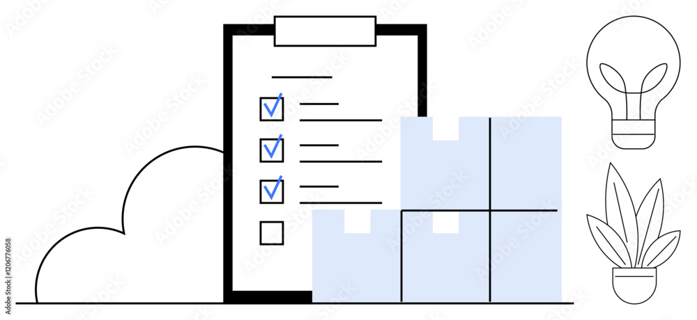 Clipboard with a checklist, four boxes stacked, light bulb, potted plant, and cloud. Ideal for themes of organization, productivity, business logistics, inventory control efficiency planning Clipboard with a checklist, four boxes stacked, light bulb, potted plant, and cloud. Ideal for themes of organization, productivity, business logistics, inventory control efficiency planning