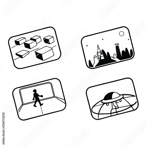 A set of Minimalist icons, black and white illustrations, geometric shapes, abstract cityscape, running figure silhouette, cubist composition, futuristic spacecraft, simple line drawings, 