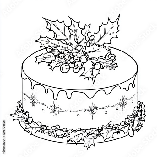 Simple Christmas cake outline with holly leaves and berries, ideal for coloring books or design projects. Perfect for festive DIY activities or creative projects. 