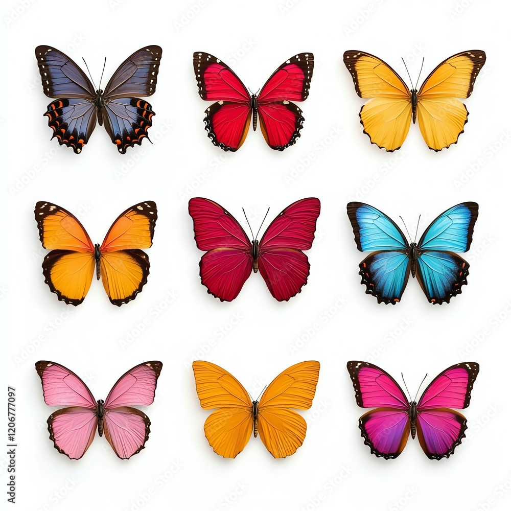 A vibrant arrangement of colorful butterflies displayed in a grid pattern, showcasing various species and their striking wing patterns. A vibrant arrangement of colorful butterflies displayed in a grid pattern, showcasing various species and their striking wing patterns.