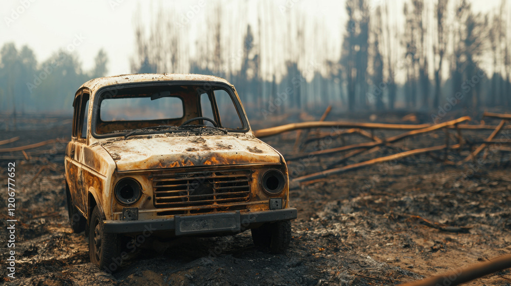 A weathered yellow car stands amidst a charred landscape, remnants of a wildfire, surrounded by burnt trees and debris. A weathered yellow car stands amidst a charred landscape, remnants of a wildfire, surrounded by burnt trees and debris.