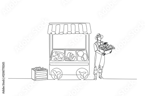 Farmer with vegetables beside market stall in continuous one line drawing. Local market concept in single line art illustration. Editable vector.