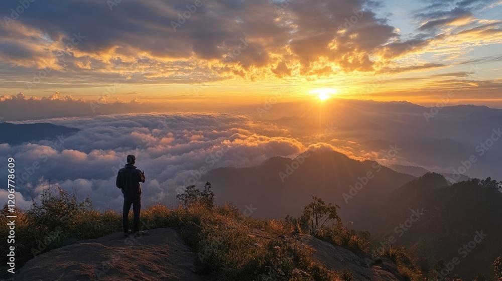 A person standing on a mountain peak, admiring a vibrant sunset over a sea of clouds. A person standing on a mountain peak, admiring a vibrant sunset over a sea of clouds.