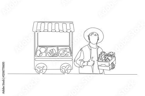 Farmer with vegetables beside market stall in continuous one line drawing. Local market concept in single line art illustration. Editable vector.
