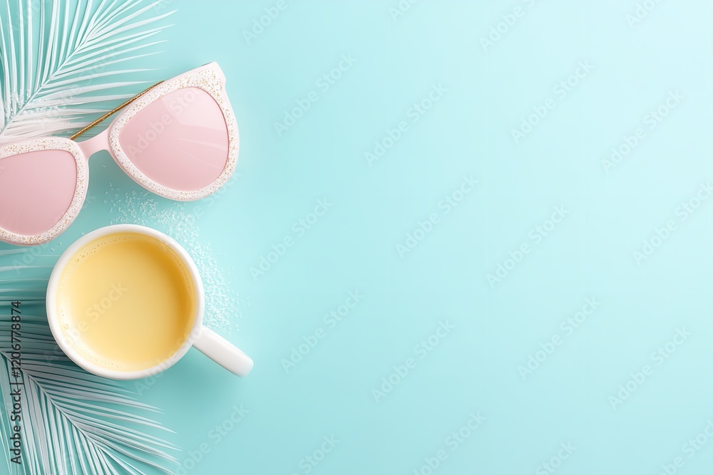 A cup of yellow coffee sits beside pink sunglasses against a soothing pastel blue backdrop. This setup evokes a feeling of summertime relaxation and leisure A cup of yellow coffee sits beside pink sunglasses against a soothing pastel blue backdrop. This setup evokes a feeling of summertime relaxation and leisure
