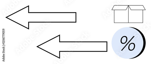 Arrows pointing left, an open box, and a circle with a percentage symbol. Ideal for logistics, delivery, data transfer, retail sales, marketing strategies, statistical analysis, and educational